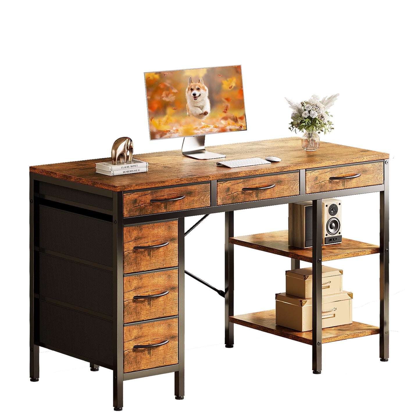 CONCETTA 47 inch Computer Desk with 6 Drawers & 2 Open Shelves, Modern Home Office Desk with Storage, Writing Study Desk for Bedroom, Workspace,Rust