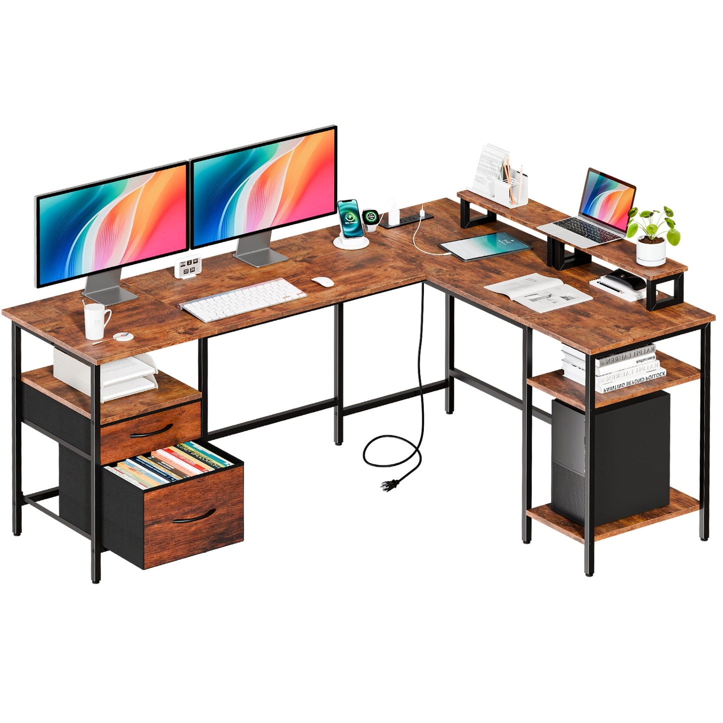 CONCETTA Modern L-Shaped Computer Desk with Power Outlet, Reversible Gaming Desk with Fabric Drawer & 2 Monitor Stands for Home Office, Rustic