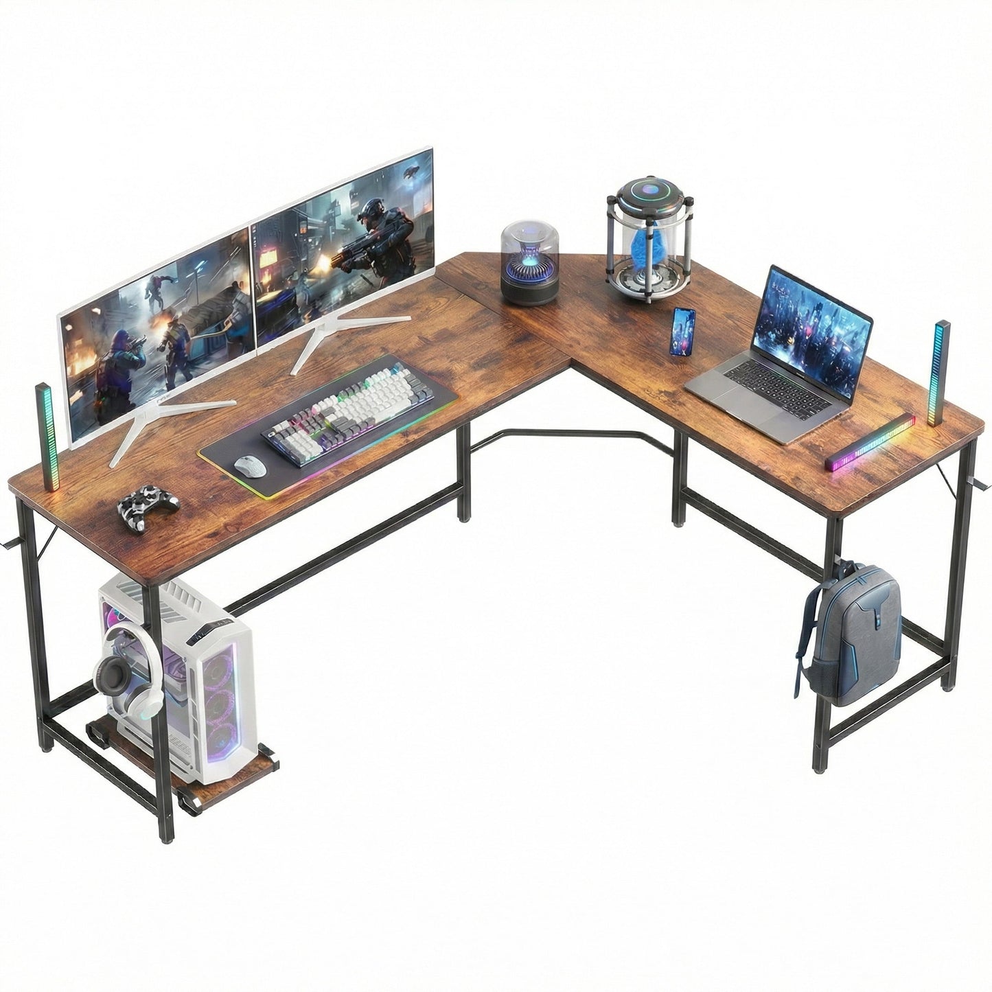 CONCETTA 66“ L Shaped Computer Desk with Movable CPU Stand, Corner Desk for Save Space, Home Office, Rust Brown