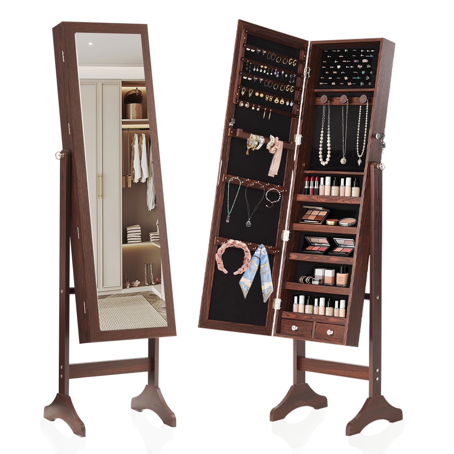 CONCETTA Freestanding Full Length Mirror Jewelry Cabinet with Makeup Storage, 3-Angle Adjustable Jewelry Armoire Organizer,Brown
