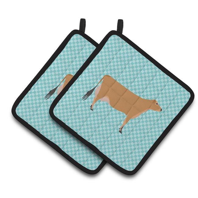 Caroline's Treasures Jersey Cow Blue Check Pair of Pot Holders