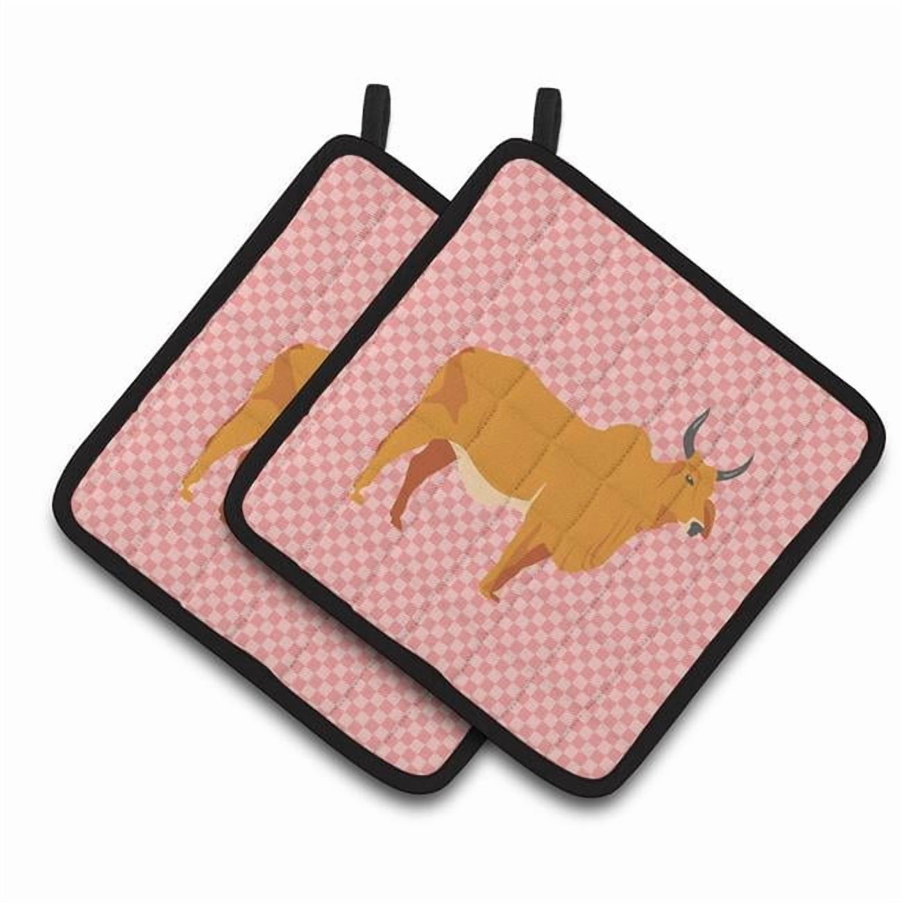 Caroline's Treasures Zebu Indicine Cow Pink Check Pair of Pot Holders