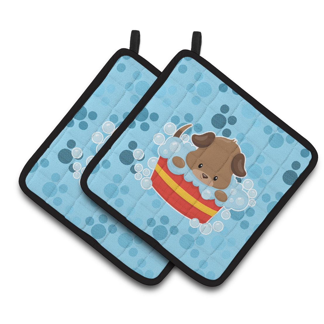 Carolines Treasures BB7077PTHD Puppy taking a bath Pair of Pot Holders 7.5HX7.5W multicolor