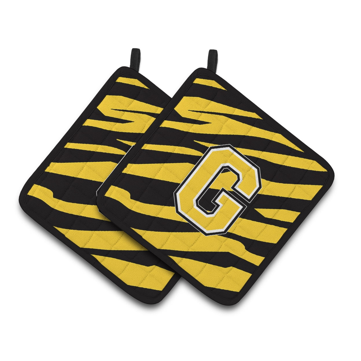 Carolines Treasures CJ1026-GPTHD Letter G Initial Tiger Stripe - Black Gold Pair of Pot Holders, 7.5HX7.5W, multicolor