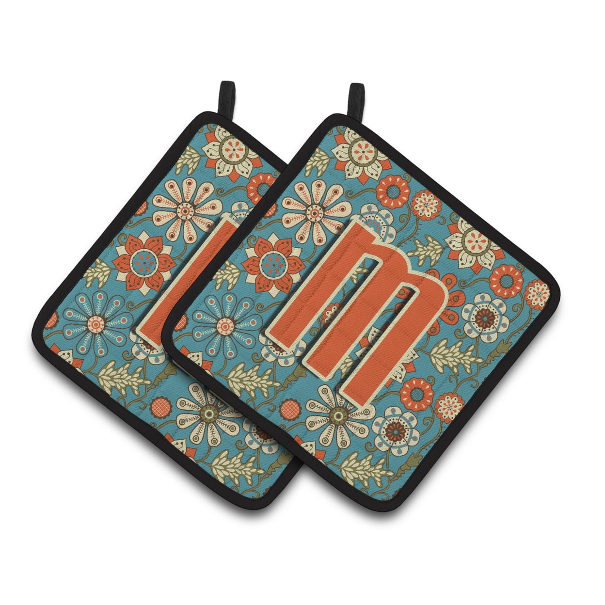 Carolines Treasures CJ2012-MPTHD Letter M Flowers Retro Blue Pair of Pot Holders, 7.5HX7.5W, multicolor