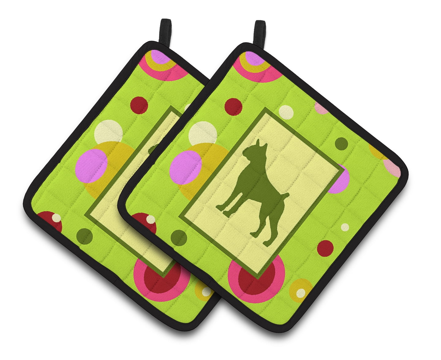 Carolines Treasures CK1075PTHD Lime Green Dots Boxer Pair of Pot Holders 7.5HX7.5W multicolor