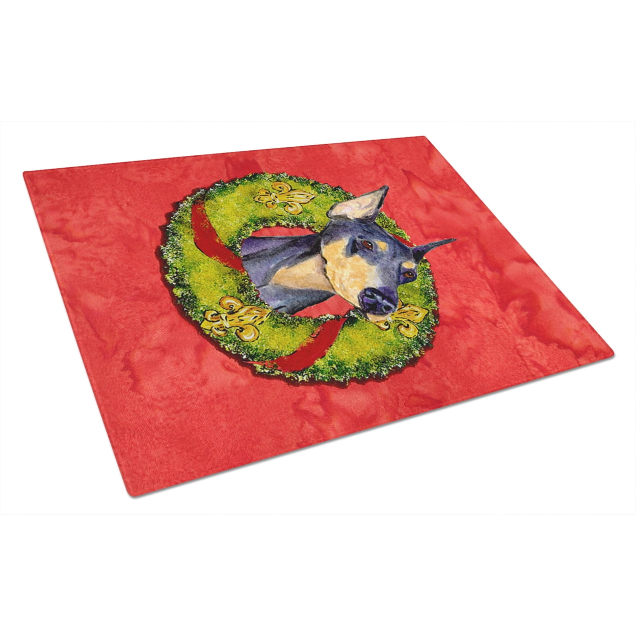 Carolines Treasures SS4184LCB Doberman Cristmas Wreath Glass Cutting Board Large, 12H x 16W, multicolor