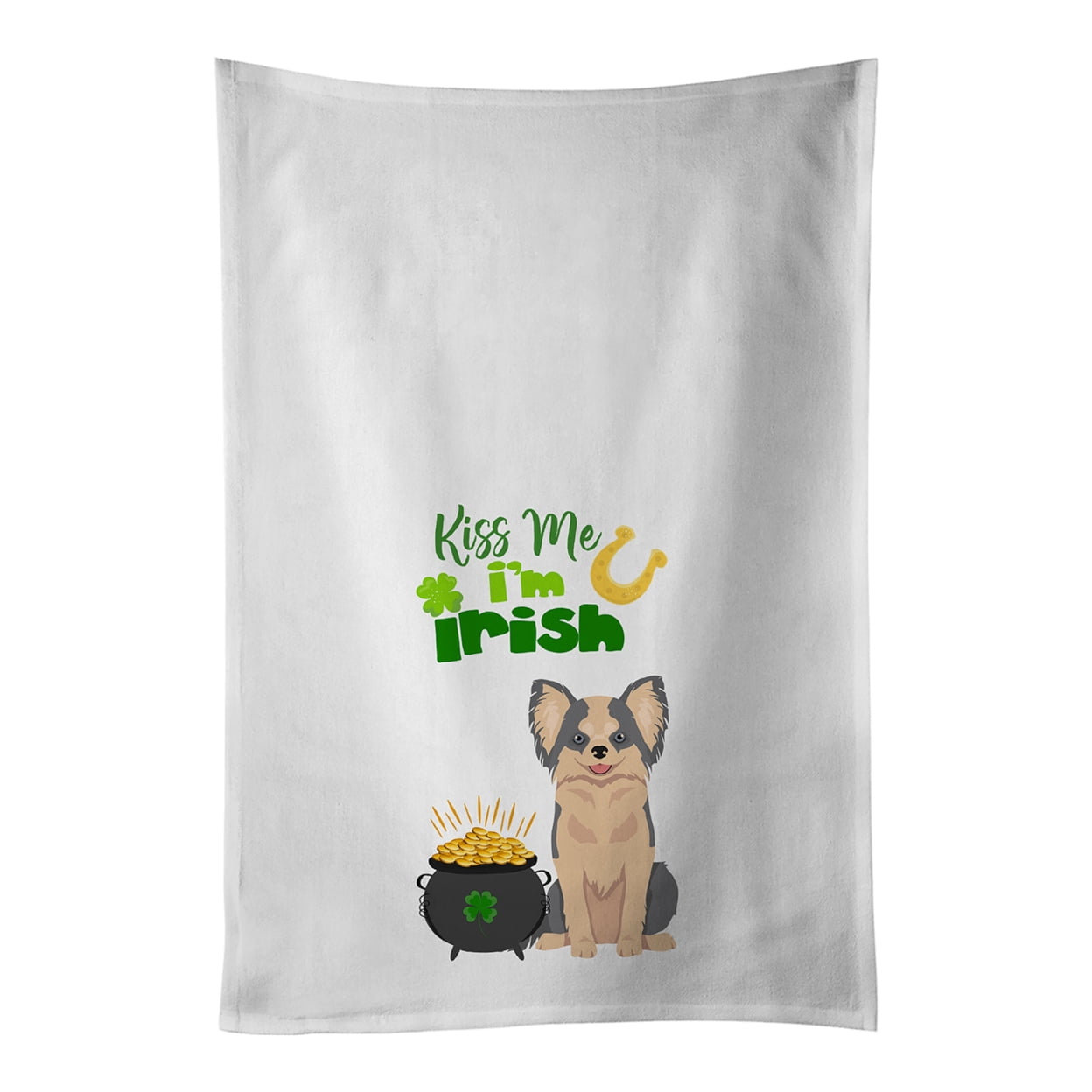 Longhaired Blue and White Chihuahua St. Patrick's Day White Kitchen Towel Set of 2 Dish Towels 19 in x 28 in