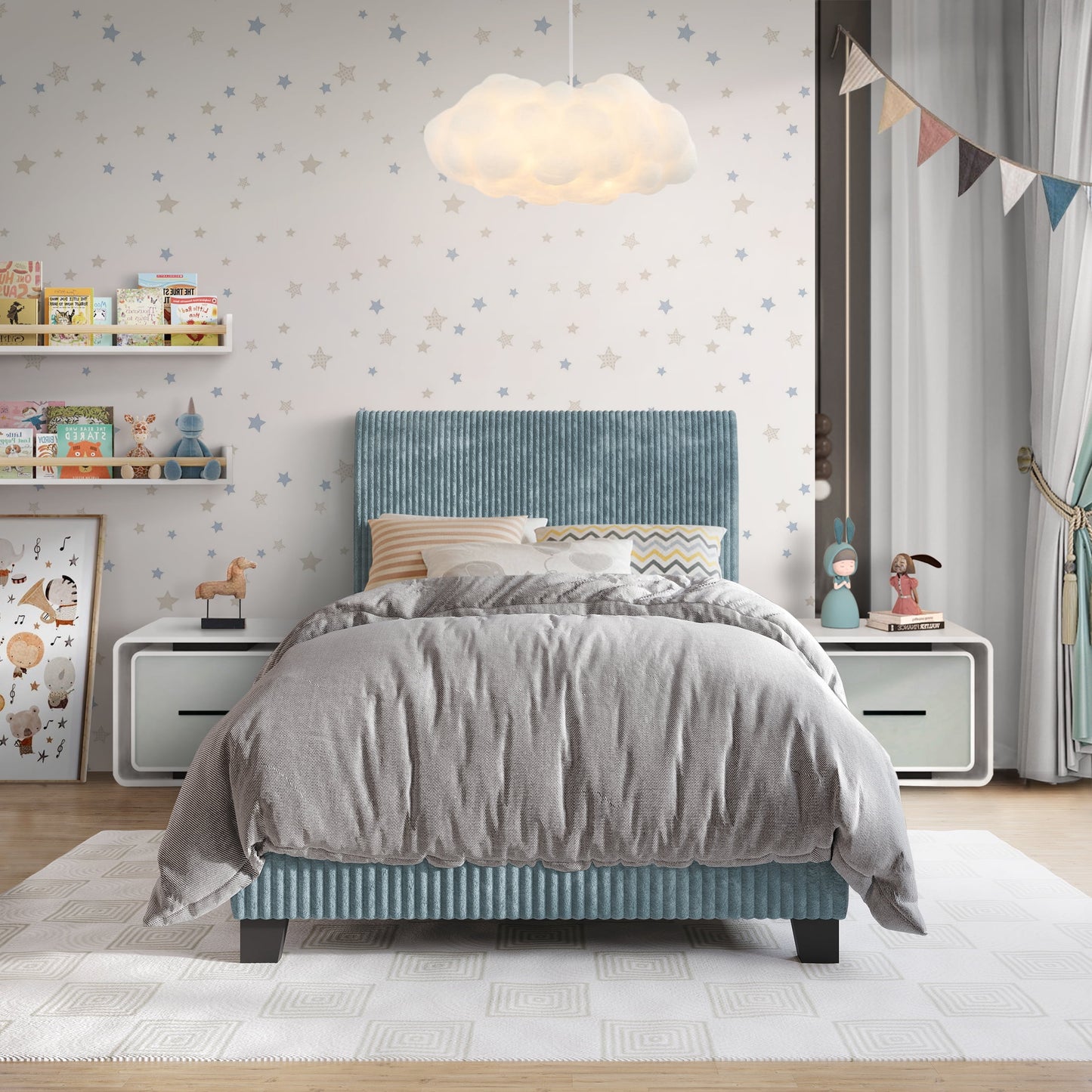 Castle Place Chic Corduroy Velvet Upholstered Queen Bed, White