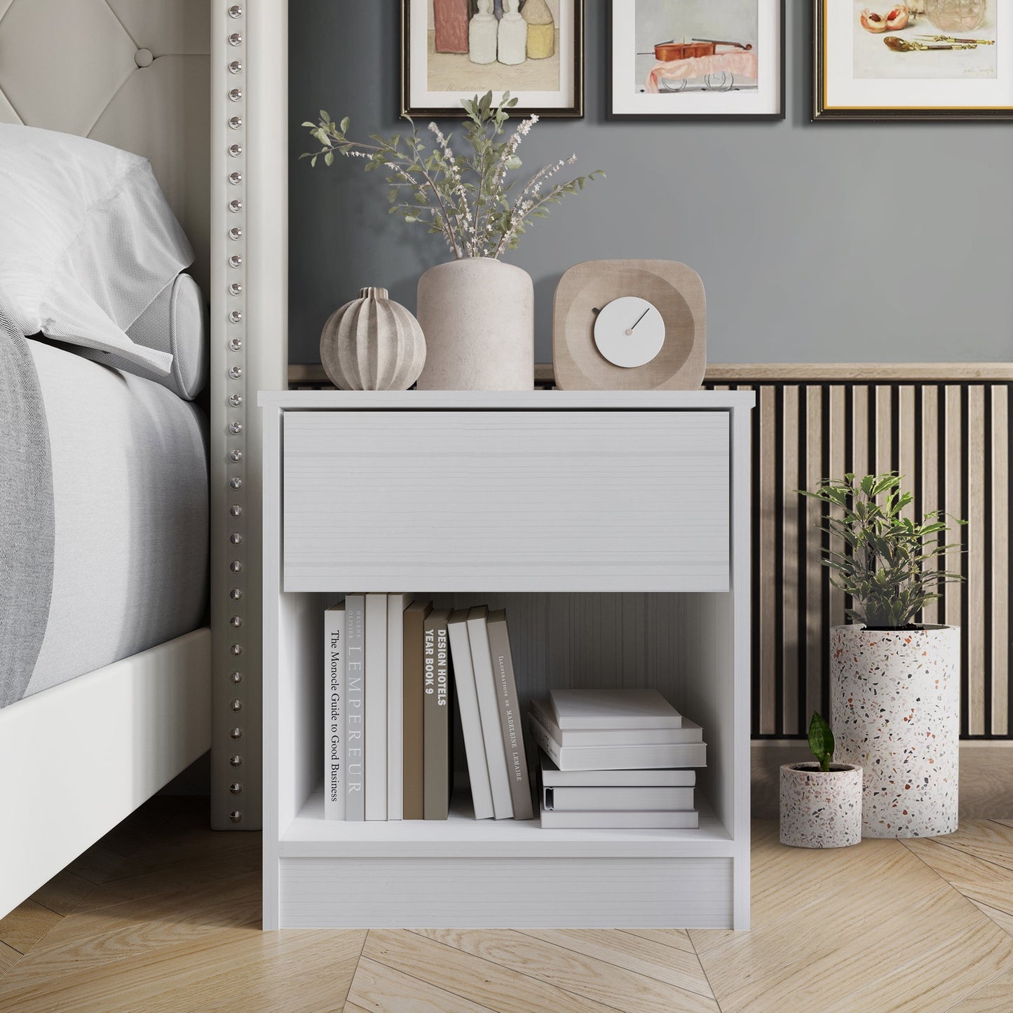 Castle Place Minimalist Nightstand with 1 Drawer, White