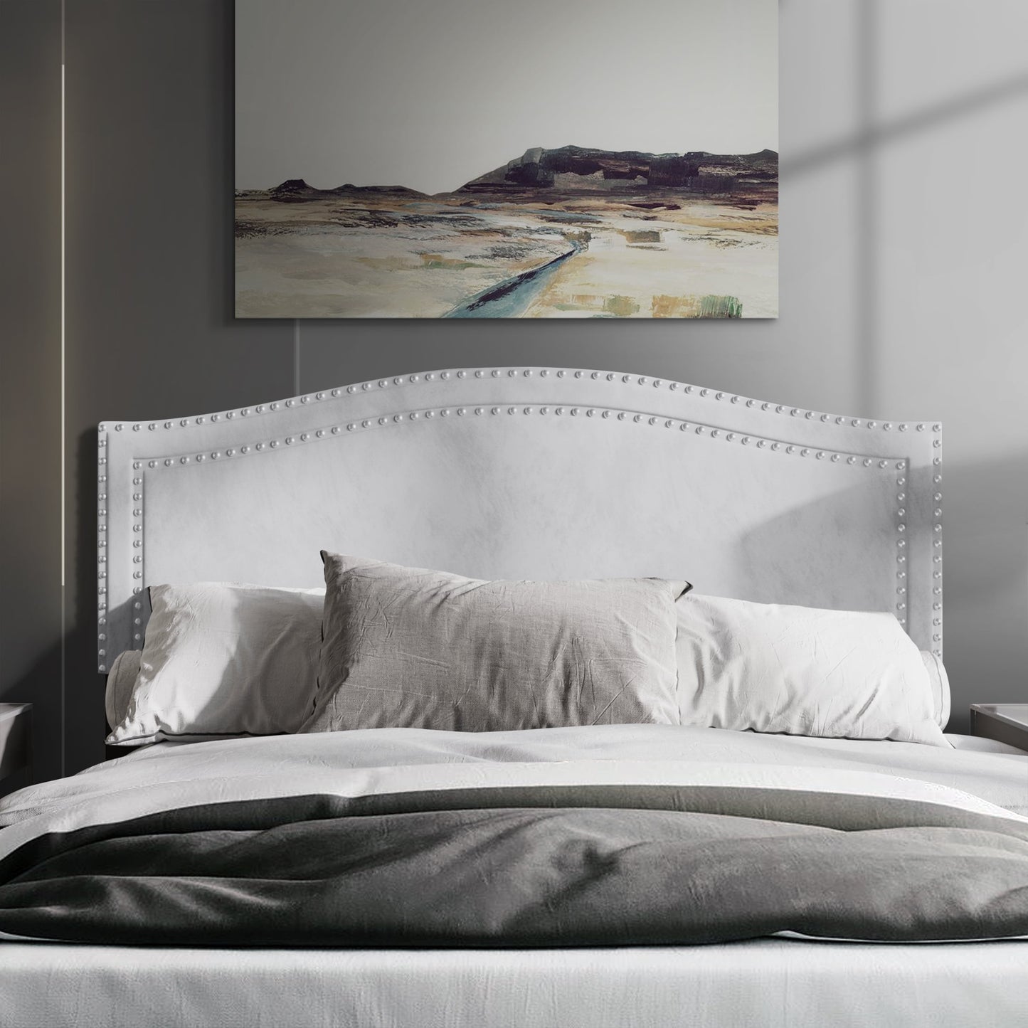 Castle Place Upholstered Nailhead Trimmed Headboard, Silver Grey Velvet, Full