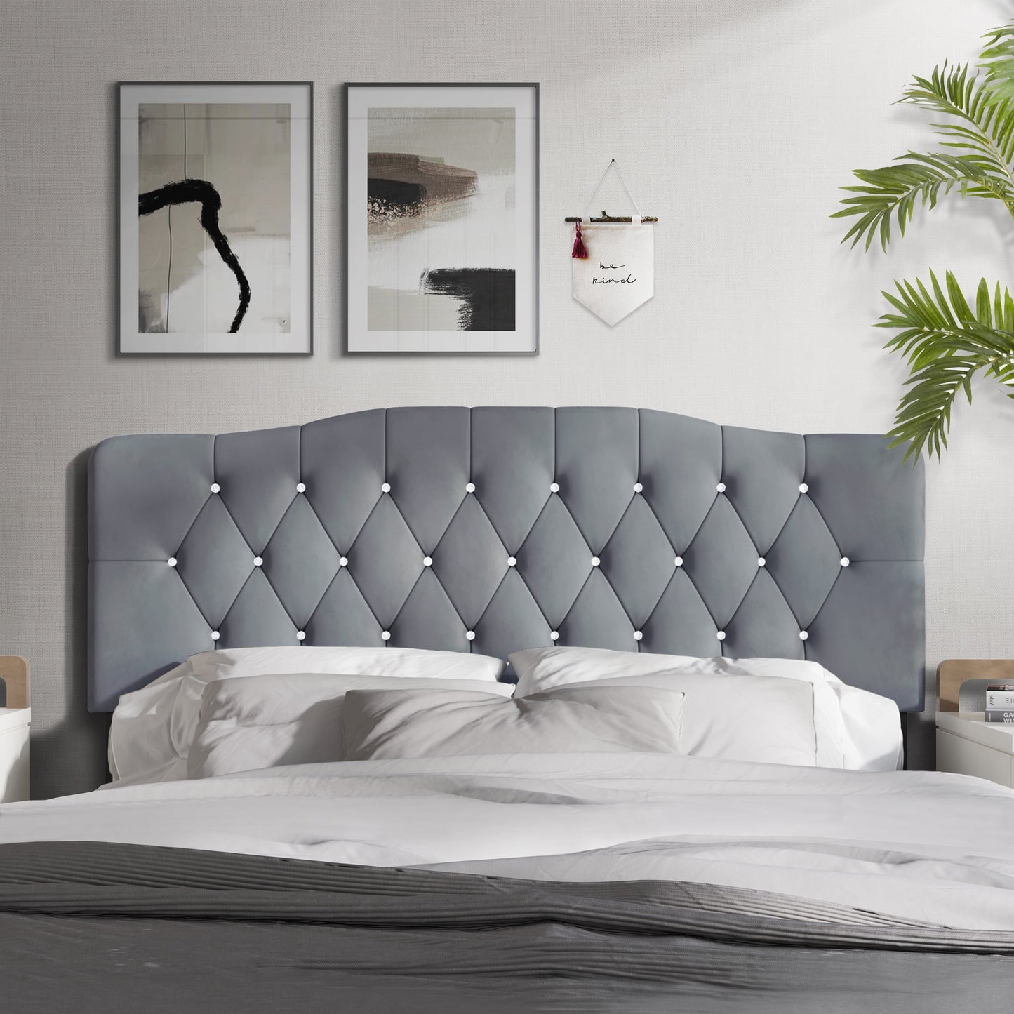 Castle Place Upholstered Tufted Headboard, Light Grey Velvet, Queen