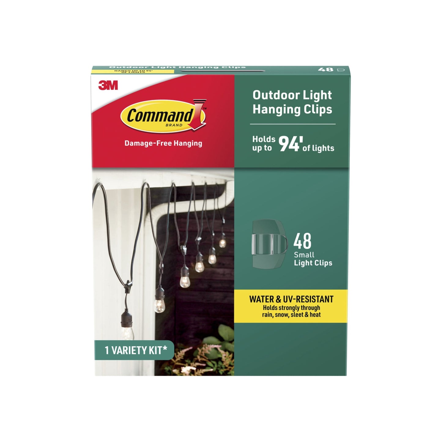Command Outdoor Light Hanging Clips, Holds up to 94 inches of Lights, Water Resistant, 48 Small Clips