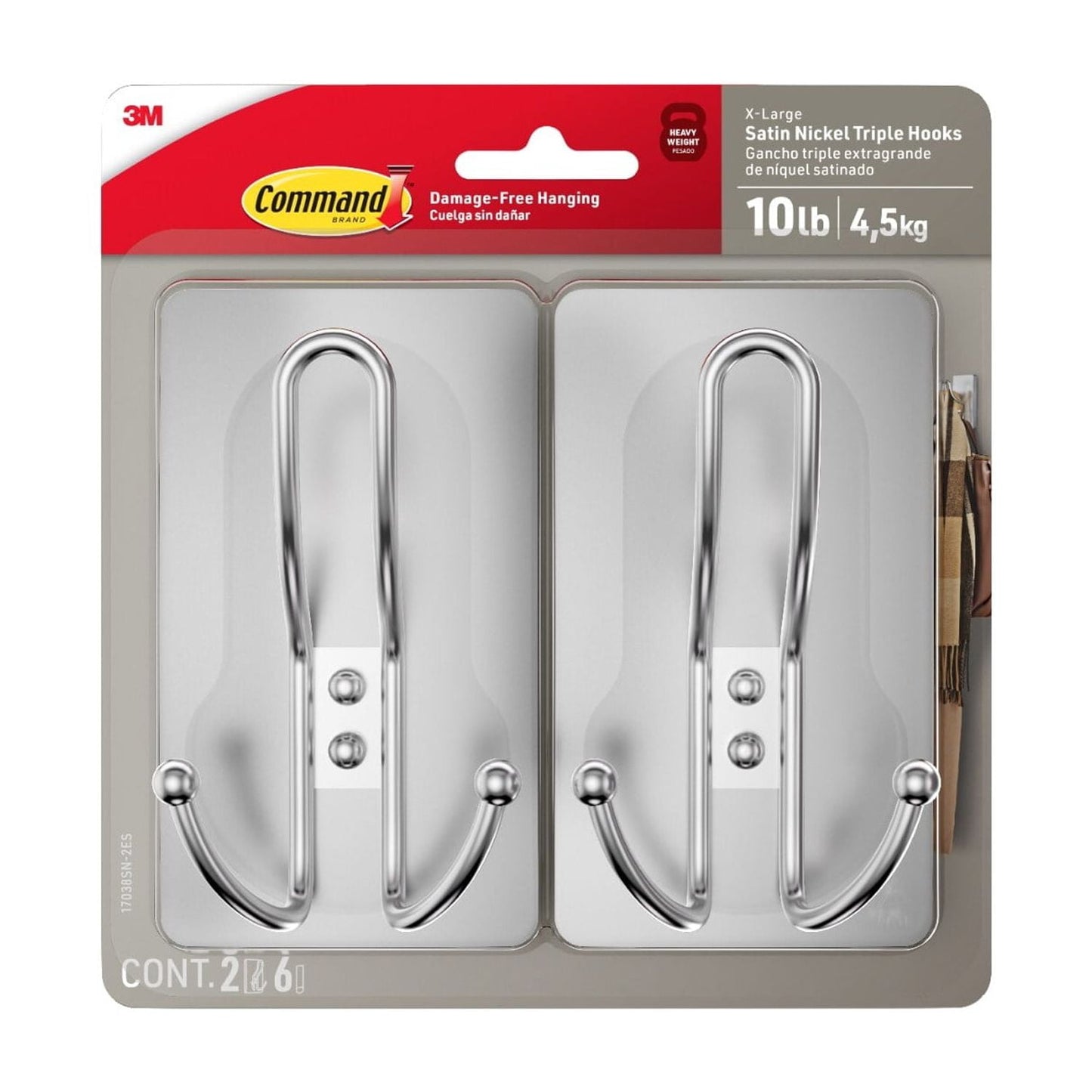 Command X-Large Triple Hook, Satin Nickel, Holds 10 lbs., 2 Hooks, 6 Strips