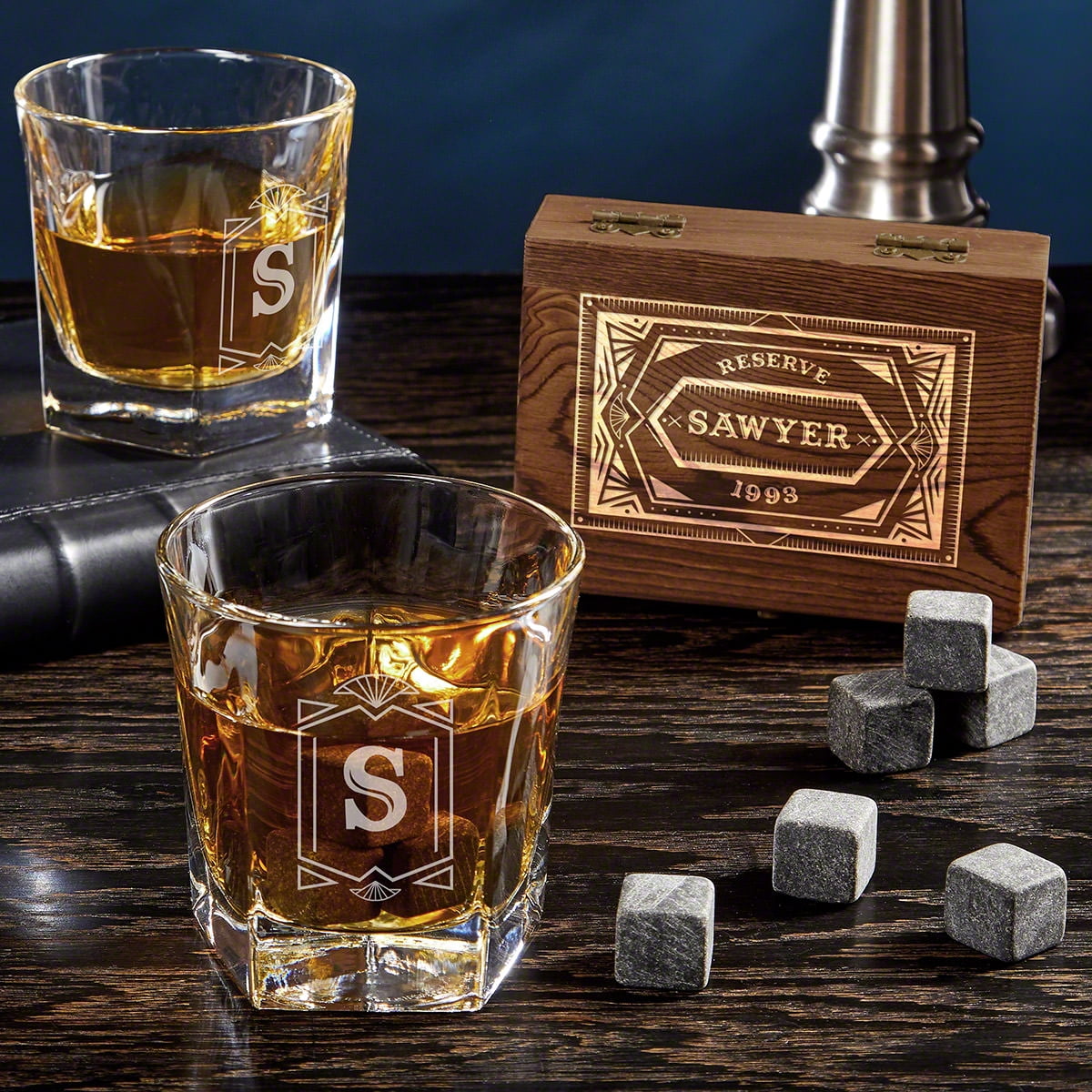 Custom Whiskey Glasses Gift Set with Whiskey Stones, Carmine Design by Home Wet Bar