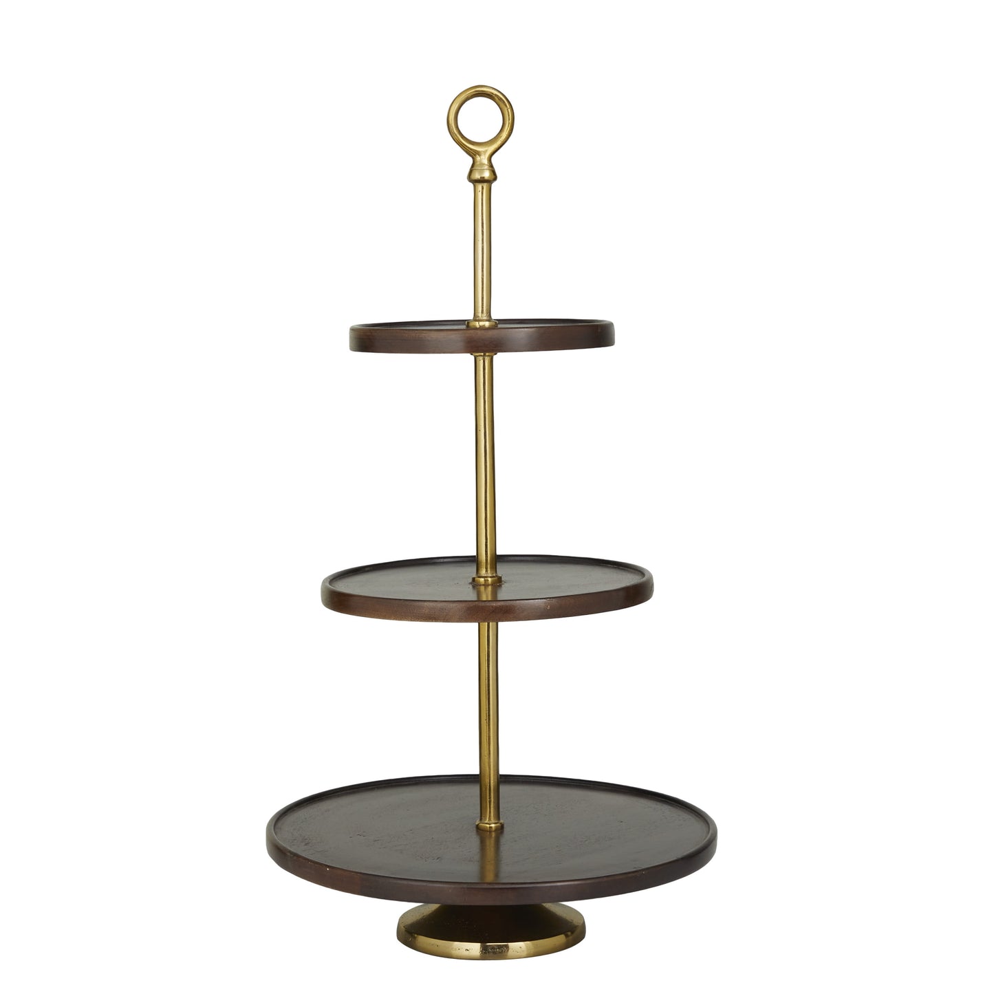 DecMode 15" x 26" Dark Brown Mango Wood Tiered Server with Gold Stand, 1-Piece
