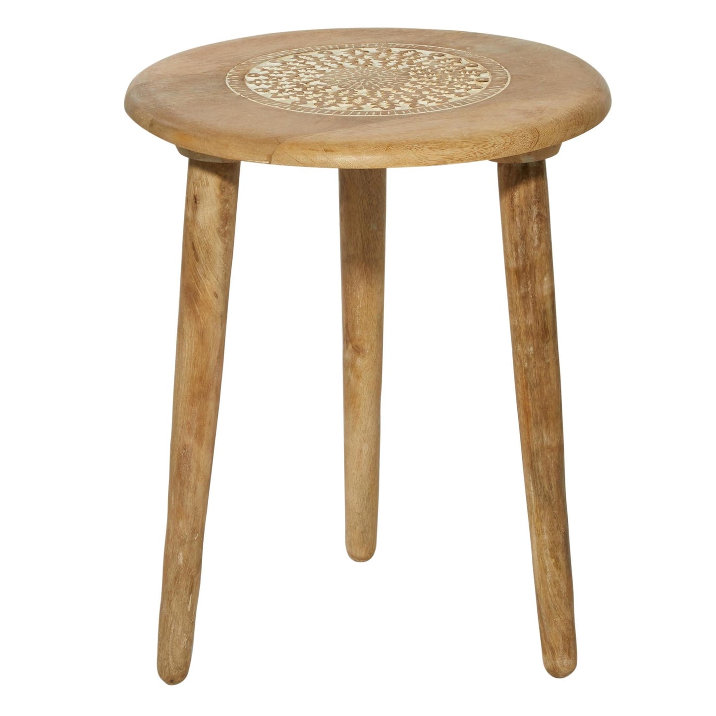 DecMode 17" x 22" Brown Mango Wood Handmade Intricately Carved Floral Accent Table with Tripod Legs, 1-Piece