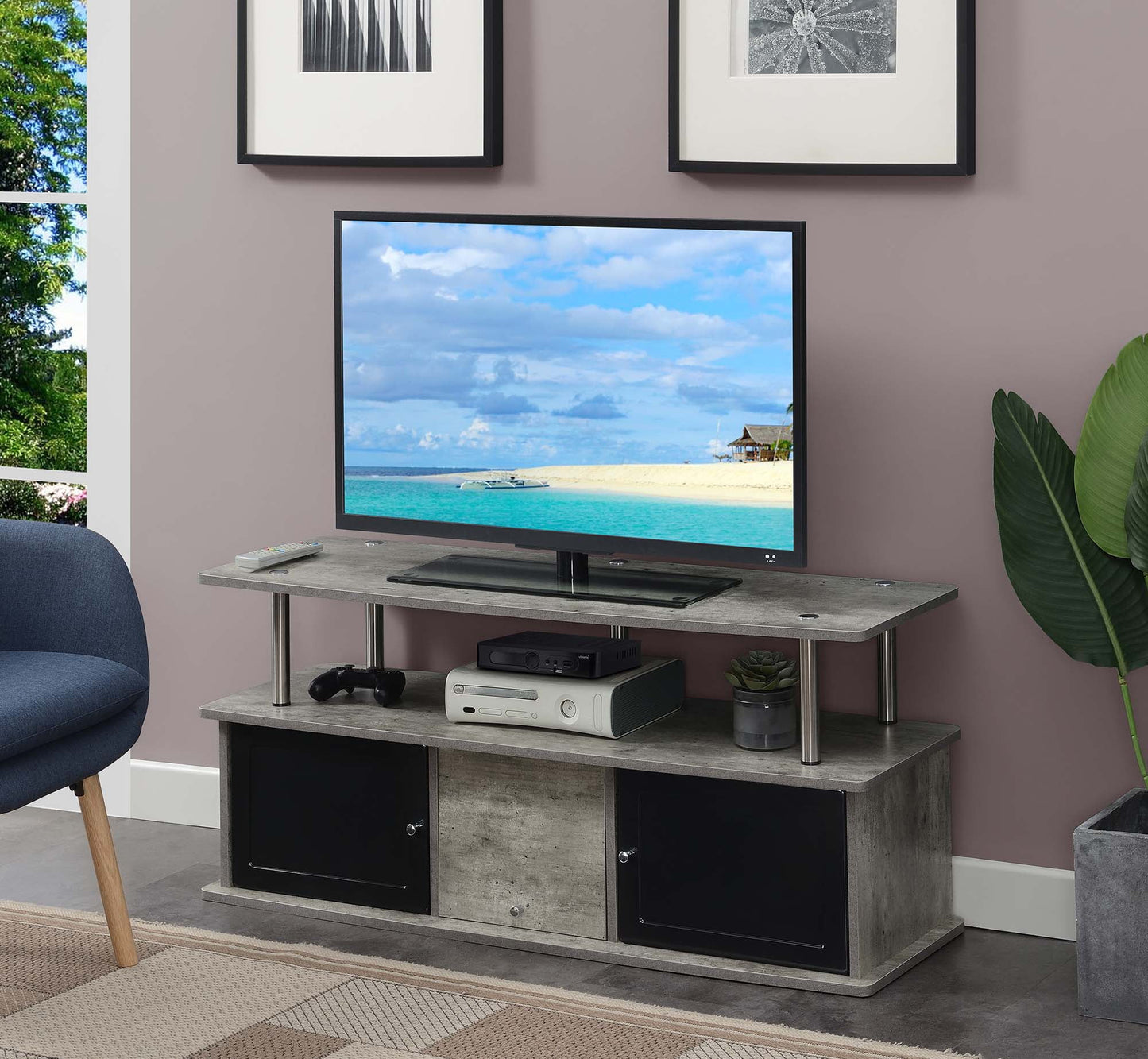 Designs2Go TV Stand with 3 Storage Cabinets and Shelf for TVs up to 55 inches, Faux Birch
