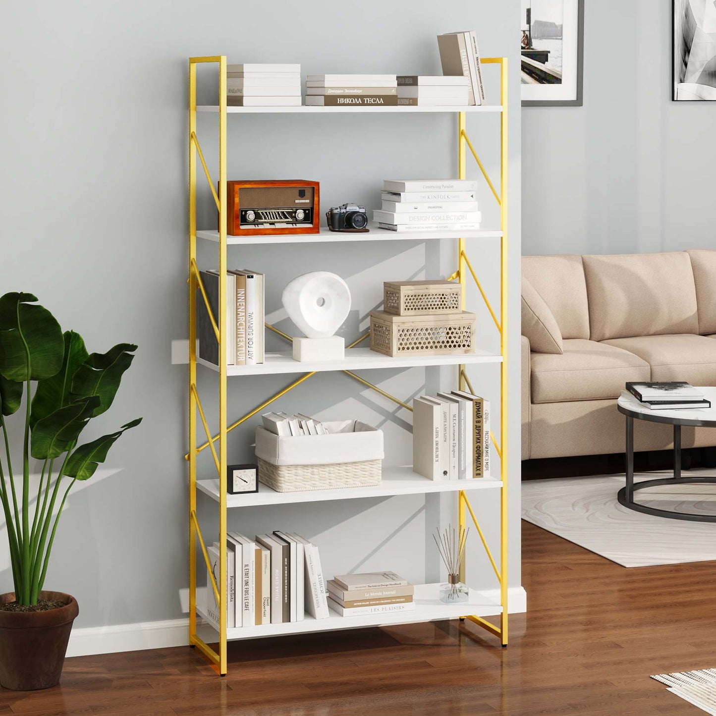 Dextrus EstanterÃa de 5 Niveles, EstanterÃa Dorada, EstanterÃa Independiente Industrial, Organizador de Almacenamiento Abierto Moderno, EstanterÃas para Dormitorio, Sala de Estar y Oficina en Casa, Dorado y Blanco