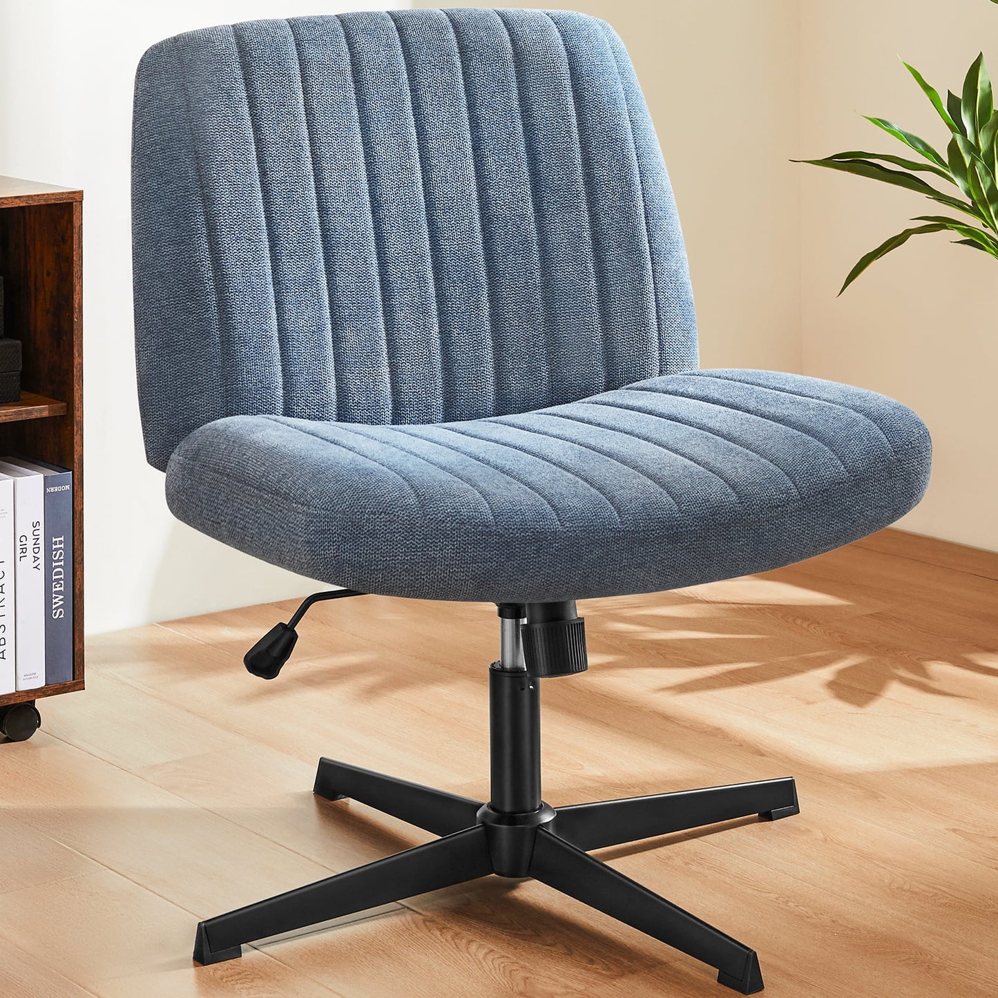 MAYEERTY Wide Desk Chair ,No Wheels Cross Legged Office Chair Armless Office Chair,Blue