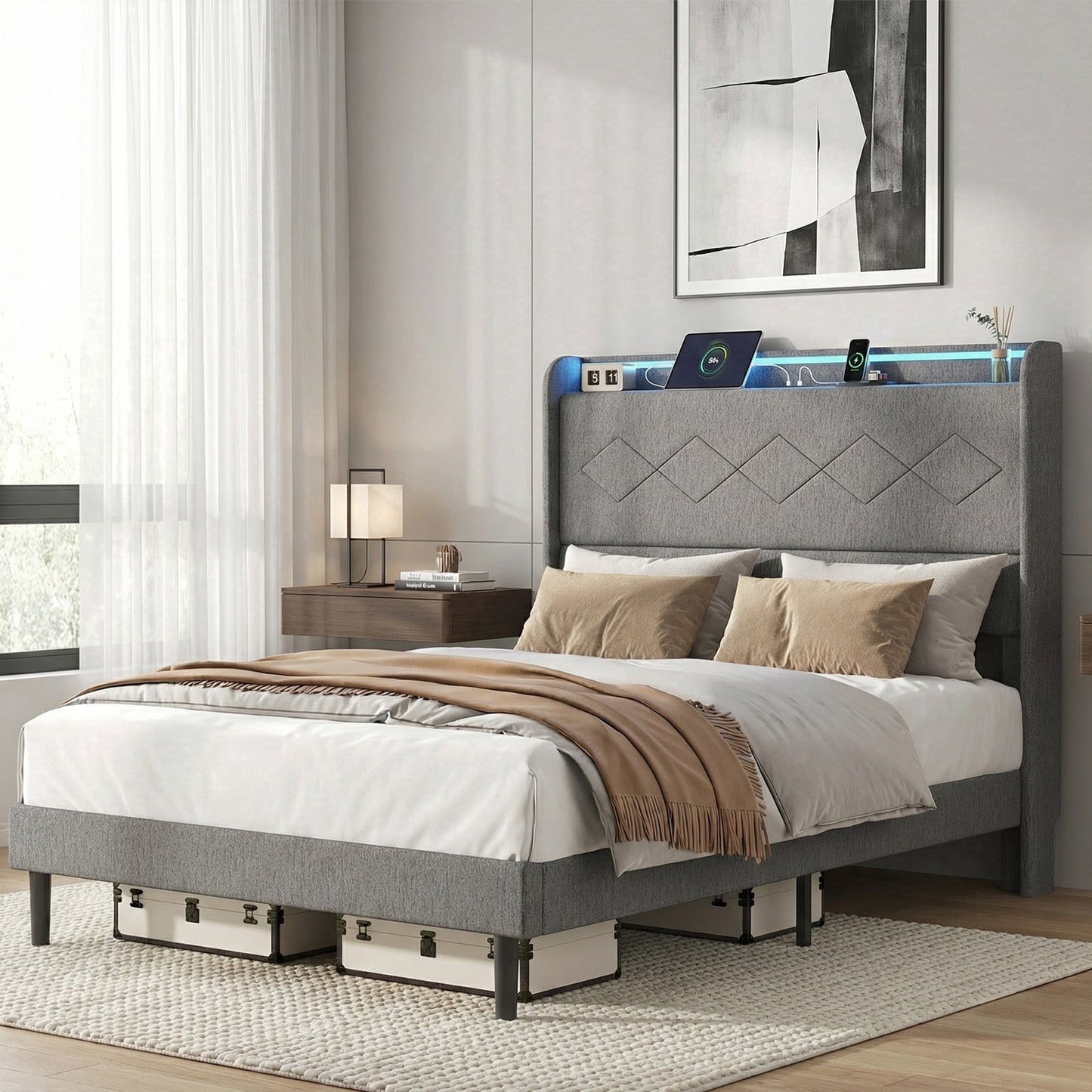 edx Upholstered Full Bed Frame with Height-Adjustable Headboard, 3 USB Charging Ports, LED Light Strip & Bluetooth Controller, Gray