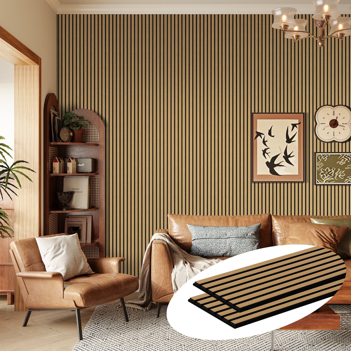 Easy4Home 2Pcs 106"x12.6" Wood Slat Acoustic Wall Panels, 3D Fluted Soundproof Decorative Panels for Interior Walls, American Oak