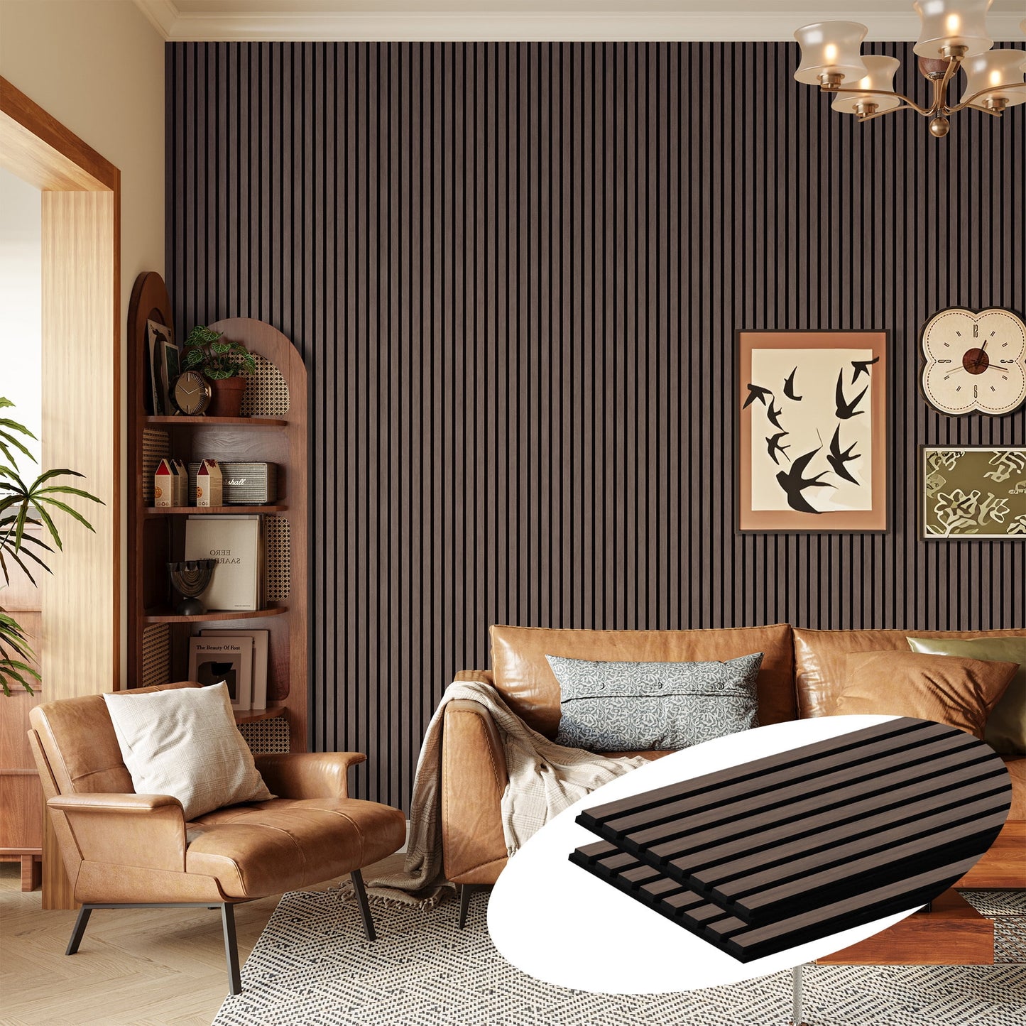 Easy4Home 2Pcs 94.5"x23.6" Wood Slat Acoustic Wall Panels, 3D Fluted Soundproof Decorative Panels for Interior Walls, Dark Walnut