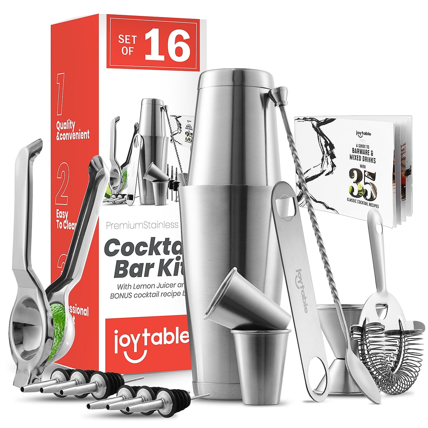 EatEx ble Kit de Barman - Herramientas de Bar Set - Kit de Juego de Cócteles de 16 Pzas - Juego de Herramientas de Barman Barman Mixer Shaker Bar con Exprimidor de Limón y Excelente Libro de Recetas