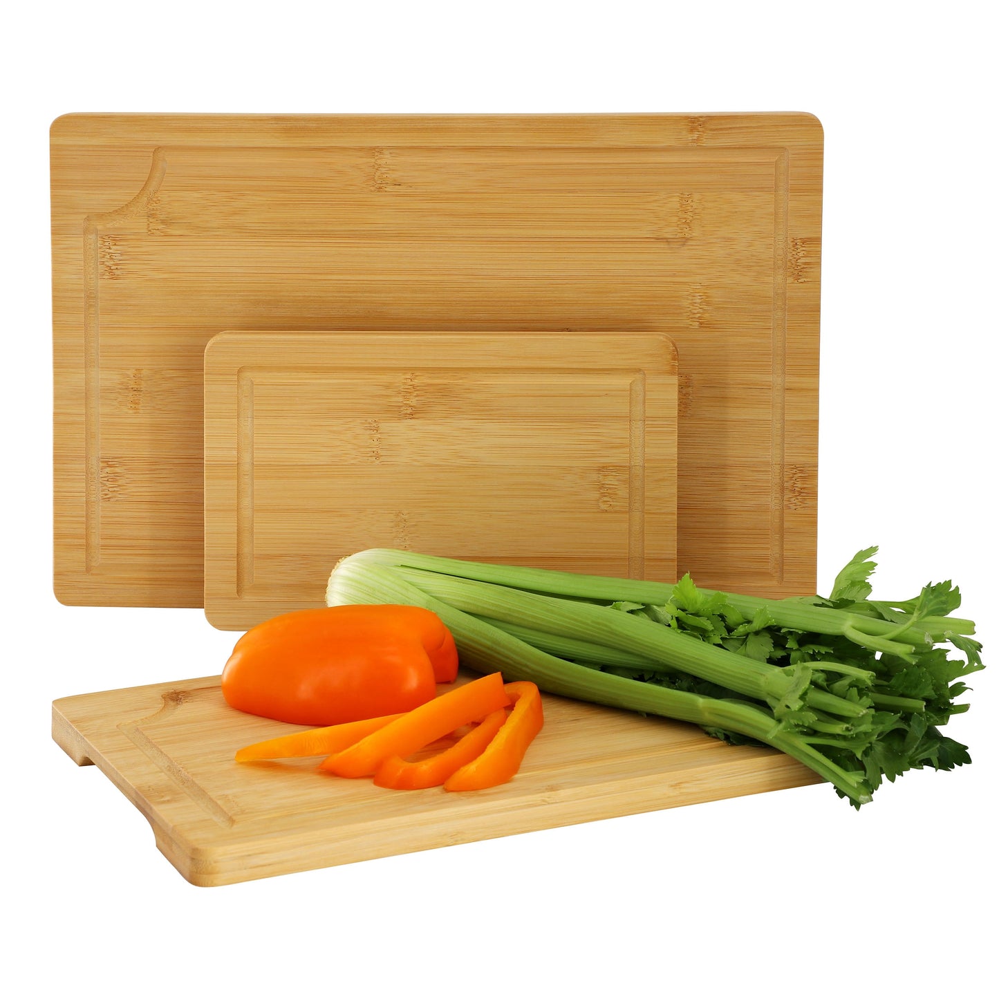 Elama 3 Piece 9 Inch, 12 Inch, and 15 Inch Bamboo Wood Cutting Board Set with Juice Grooves