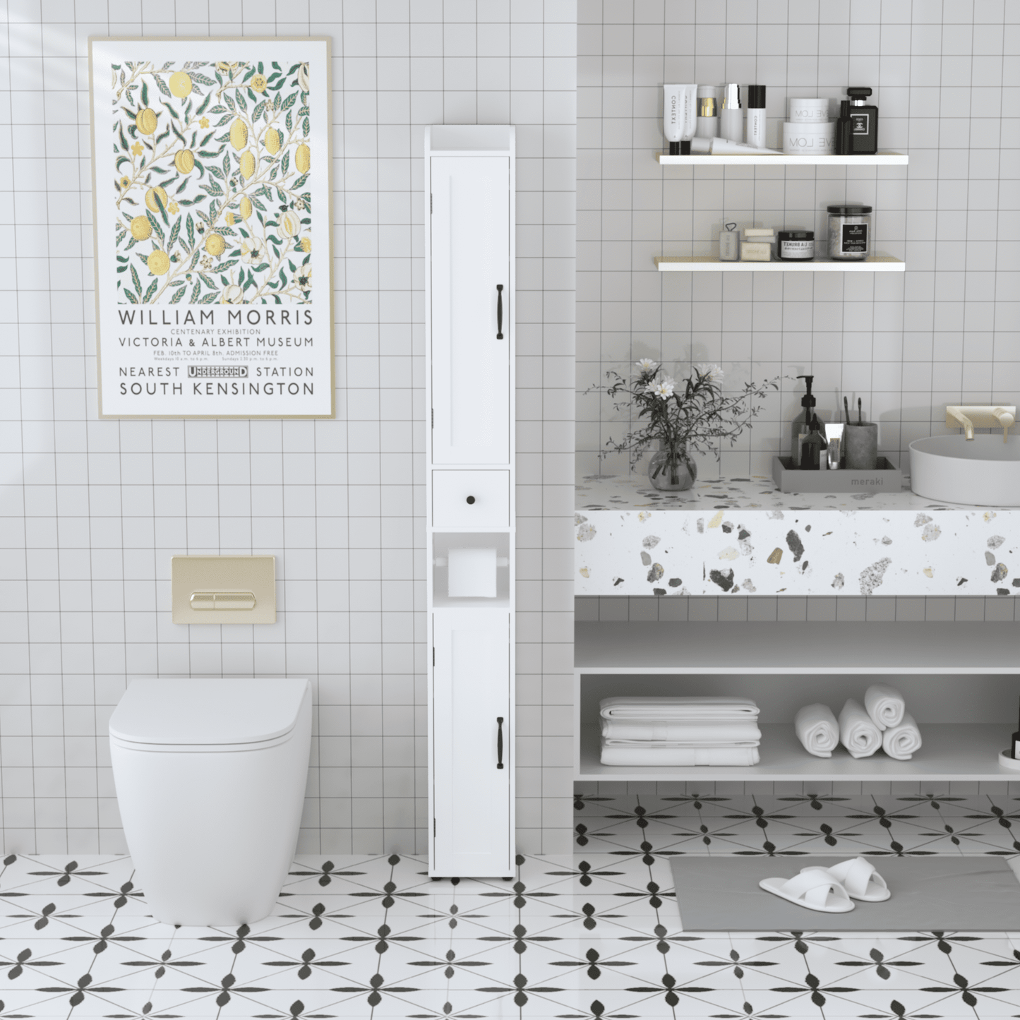 Euroco Tall Narrow Bathroom Storage Cabinet with Adjustable Shelves, Free-Standing Linen Cabinet with Reversible Doors, Waterproof MDF, White