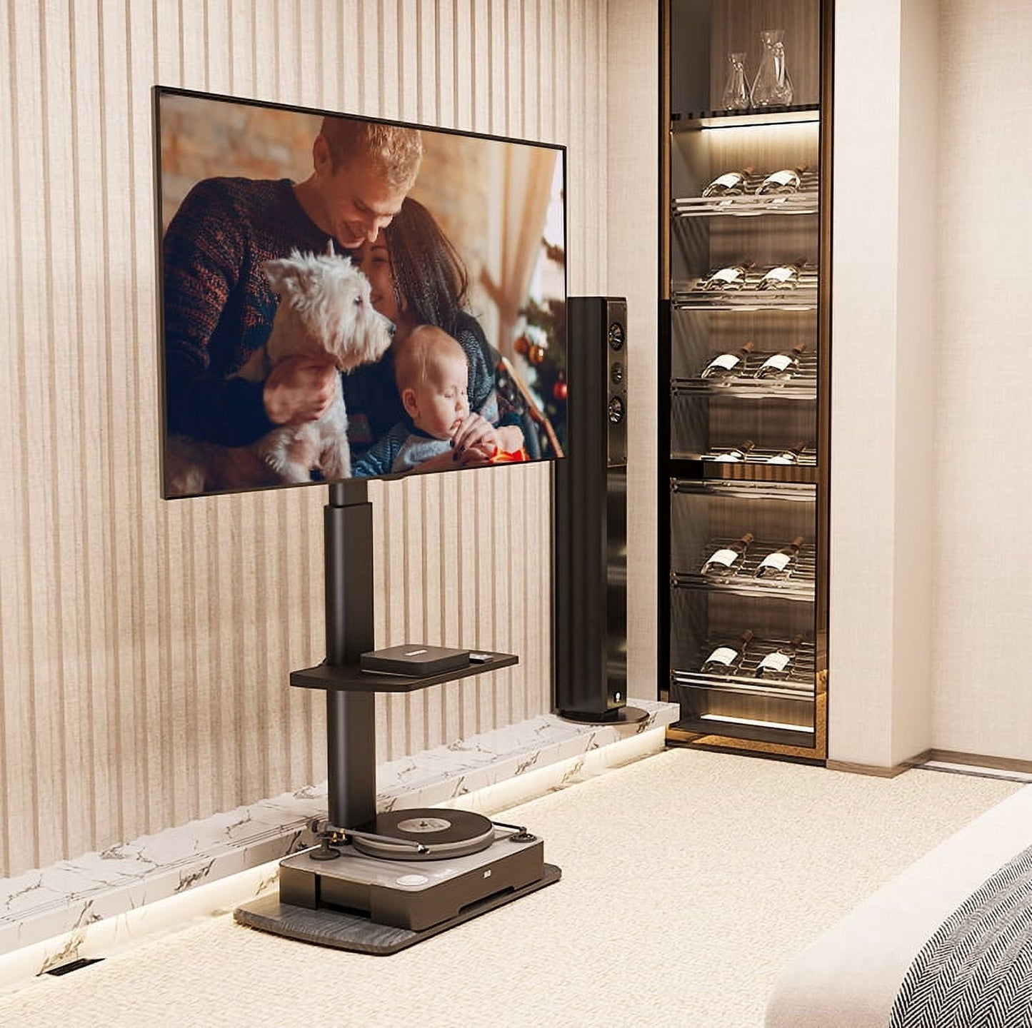 FITUEYES Floor TV Stand for 32-70 Inch Flat or Curved TVs up to 88 lbs, Height Adjustable, Multiple layer board and Swivel TV Mount Stand with Sturdy Wood Base, Black