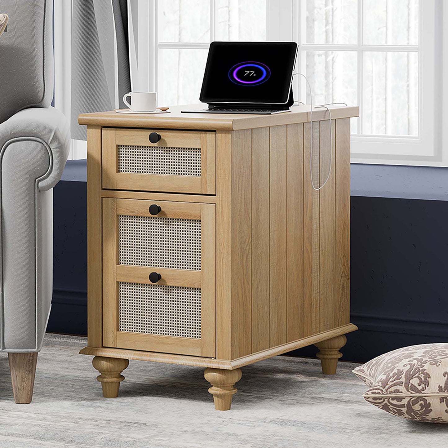 Farmhouse Oak Side Table – Wooden End Table with Charging Station, Rattan Nightstand for Bedroom Living Room