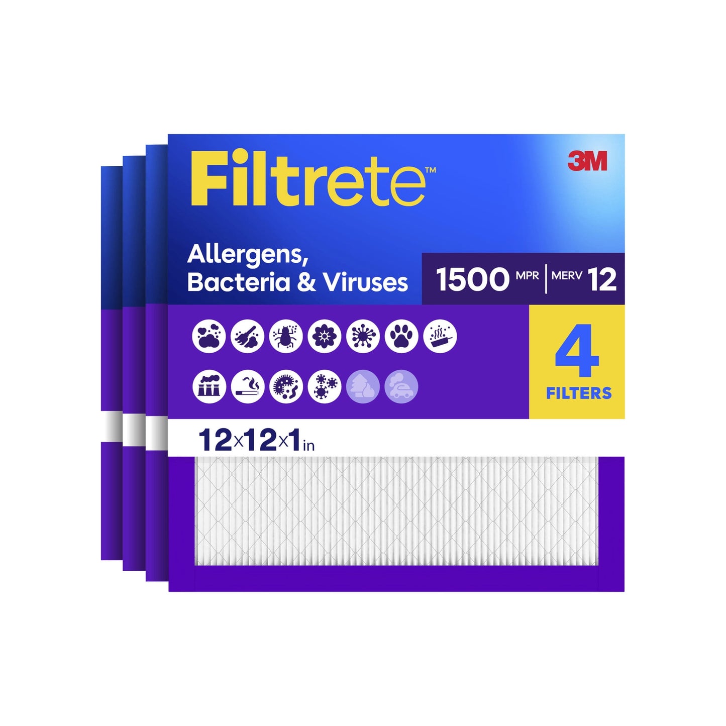 Filtrete 12x12x1 HVAC Furnace Air Filter, MPR 1500 MERV 12, Allergens, Bacteria & Viruses, 4 Pack