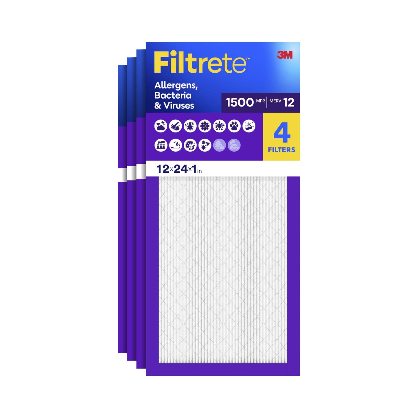 Filtrete 12x24x1 HVAC Furnace Air Filter, MPR 1500 MERV 12, Allergens, Bacteria & Viruses, 4 Pack