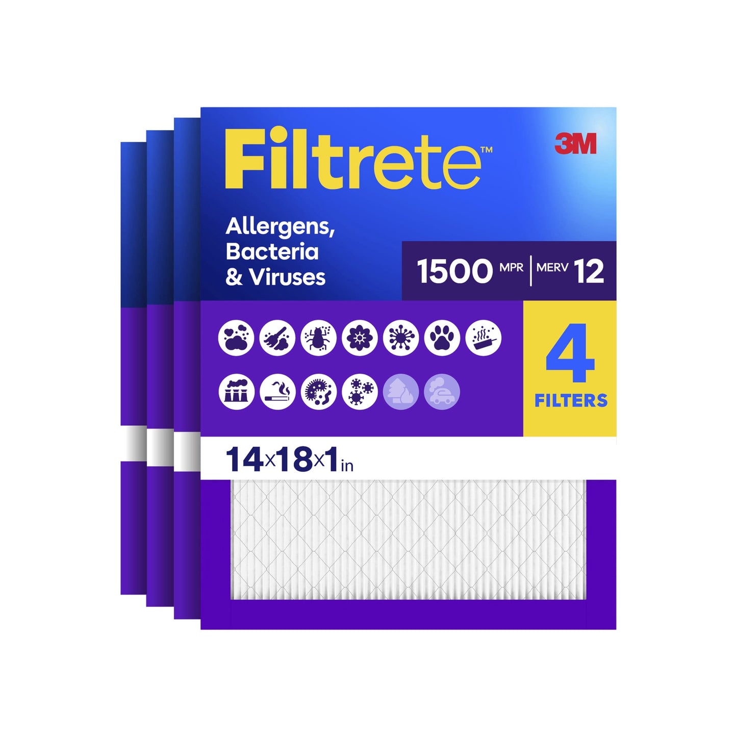 Filtrete 14x18x1 HVAC Furnace Air Filter, MPR 1500 MERV 12, Allergens, Bacteria & Viruses, 4 Pack