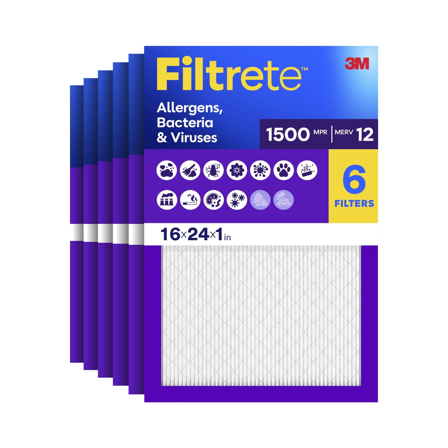 Filtrete 16x24x1 HVAC Furnace Air Filter, MPR 1500 MERV 12, Allergens, Bacteria & Viruses, 6 Pack