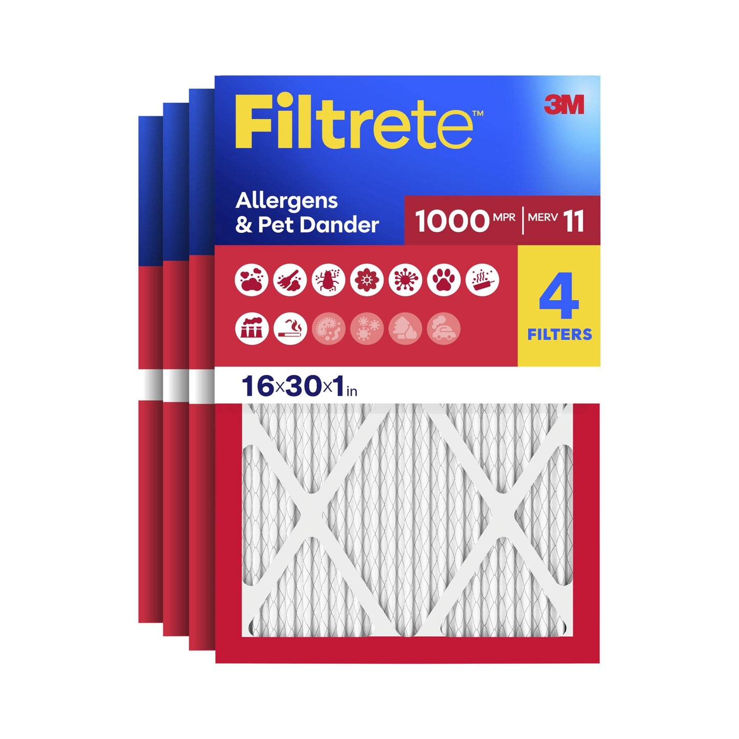 Filtrete 16x30x1 HVAC Furnace Air Filter, MPR 1000 MERV 11, Allergens & Pet Dander, 4 Pack