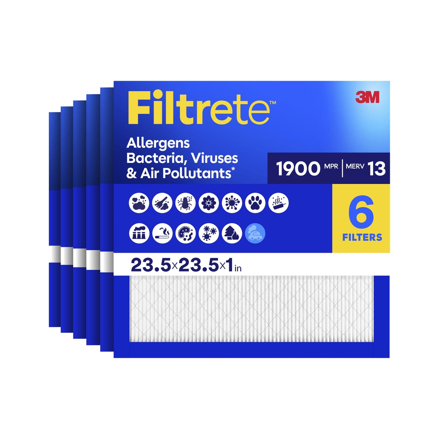 Filtrete 23.5x23.5x1 HVAC Furnace Air Filter, MPR 1900 MERV 13, Allergens Bacteria, Viruses & Air Pollutants, 6 Pack