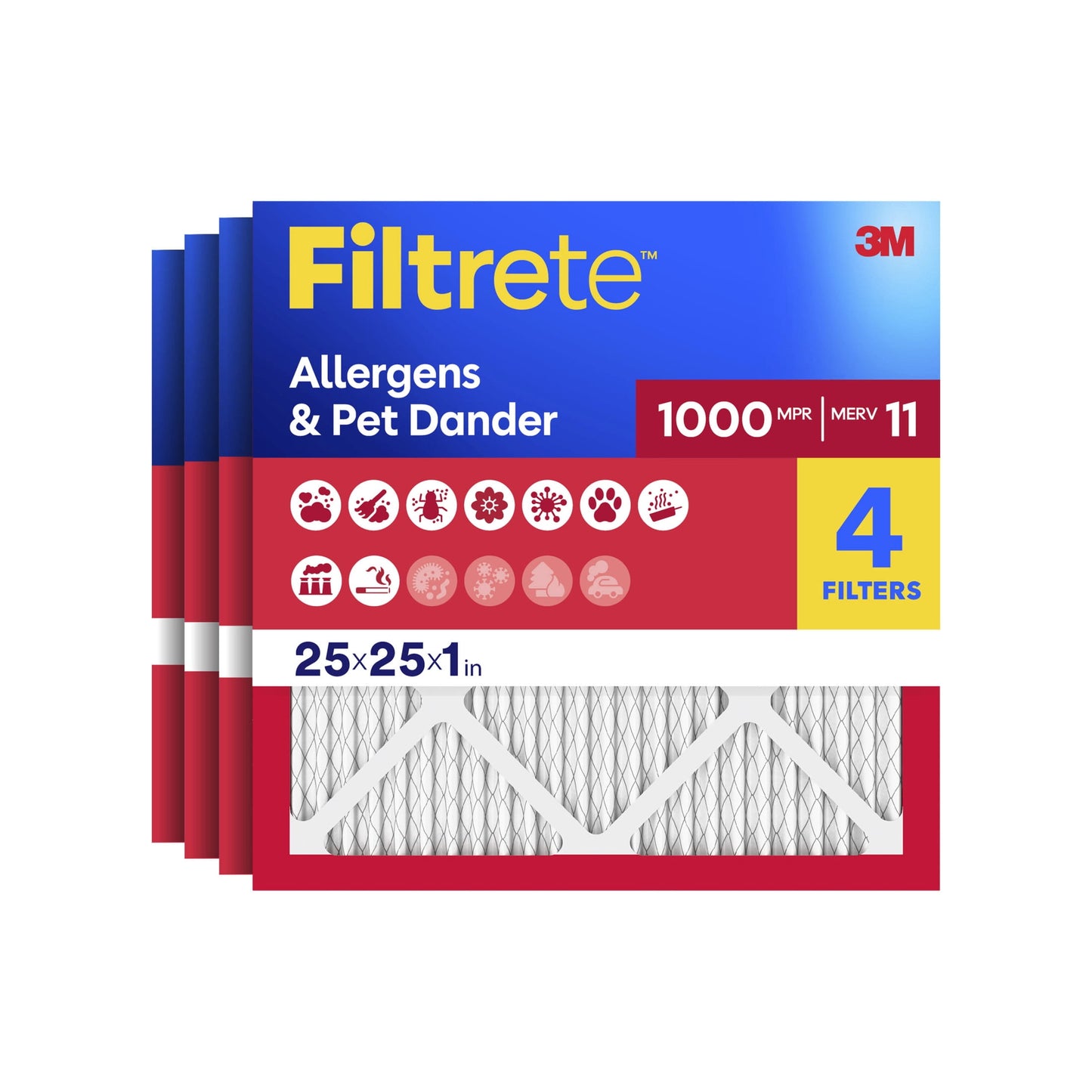 Filtrete 25x25x1 HVAC Furnace Air Filter, MPR 1000 MERV 11, Allergens & Pet Dander, 4 Pack