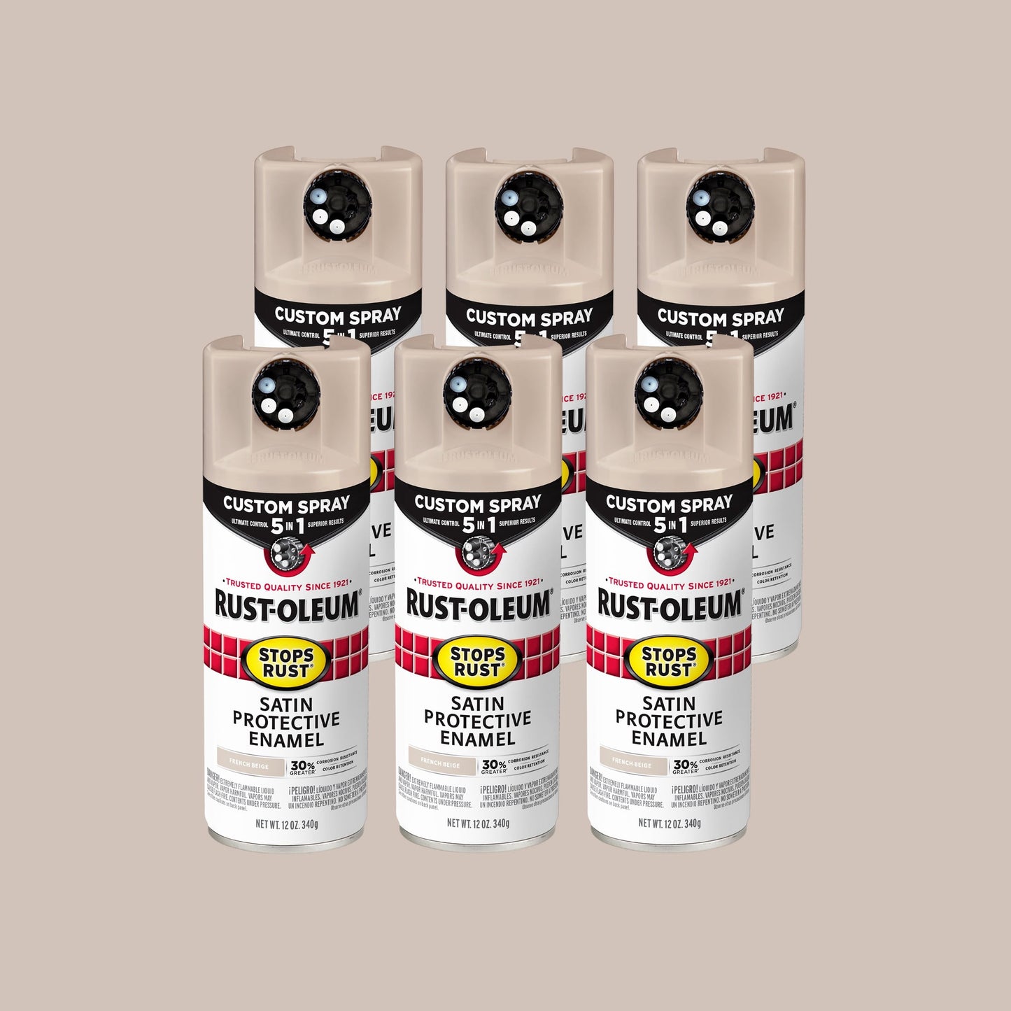 Paquete de 6, Beige Francés, Rust-Oleum Detiene el Óxido Aerosol Personalizado 5 en 1 Pintura en Aerosol Satinada-376879, 12 oz