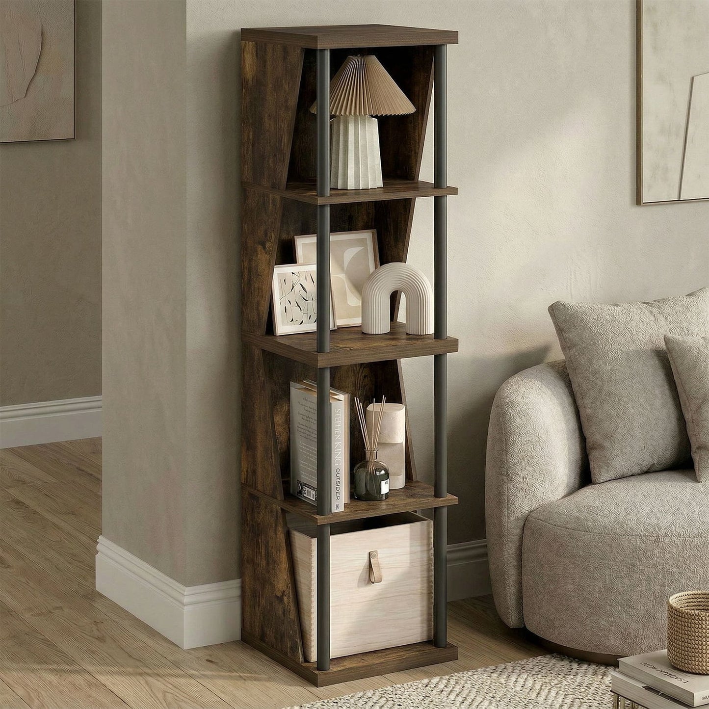 Furinno FLEXI 4-Cube Corner DIY Stackable Separable Display Bookcase Amber Pine
