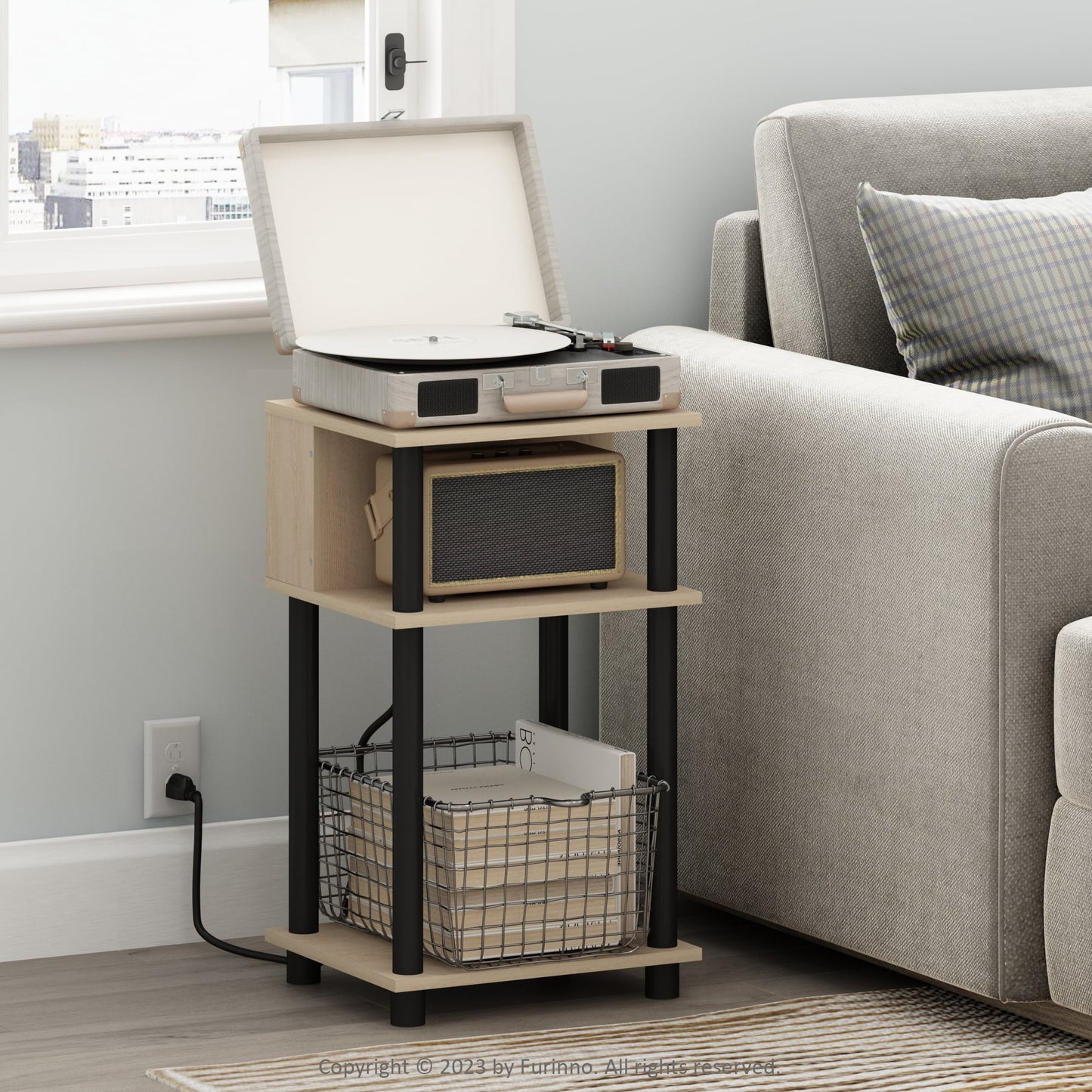 Furinno Just 3-Tier Turn-N-Tube Open Storage End Table with USB and Type-C Charging Port, Bauhaus Oak/Black