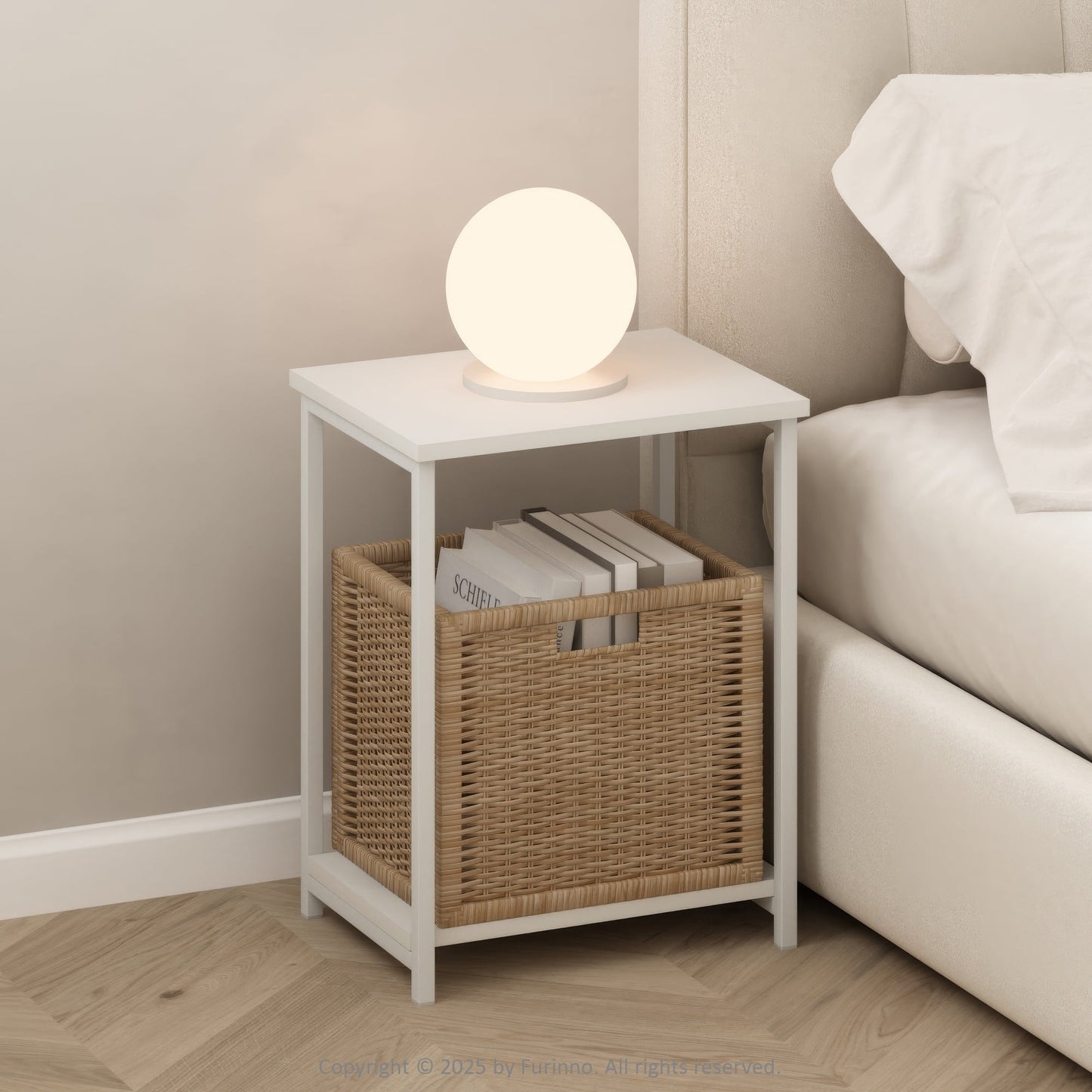 Furinno Simplistic Industrial Metal Frame Nightstand, Bedside Table, 1-Pack, White/White