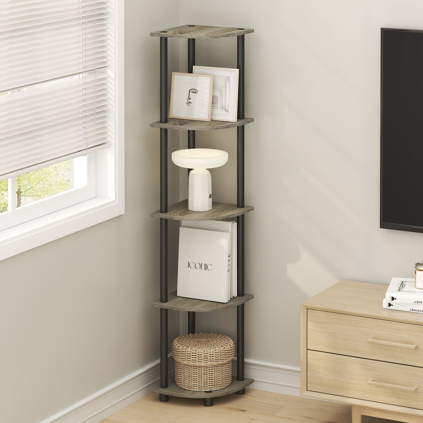 Furinno TURN-N-TUBE 5 Tier Corner Bookshelf in Grey Oak