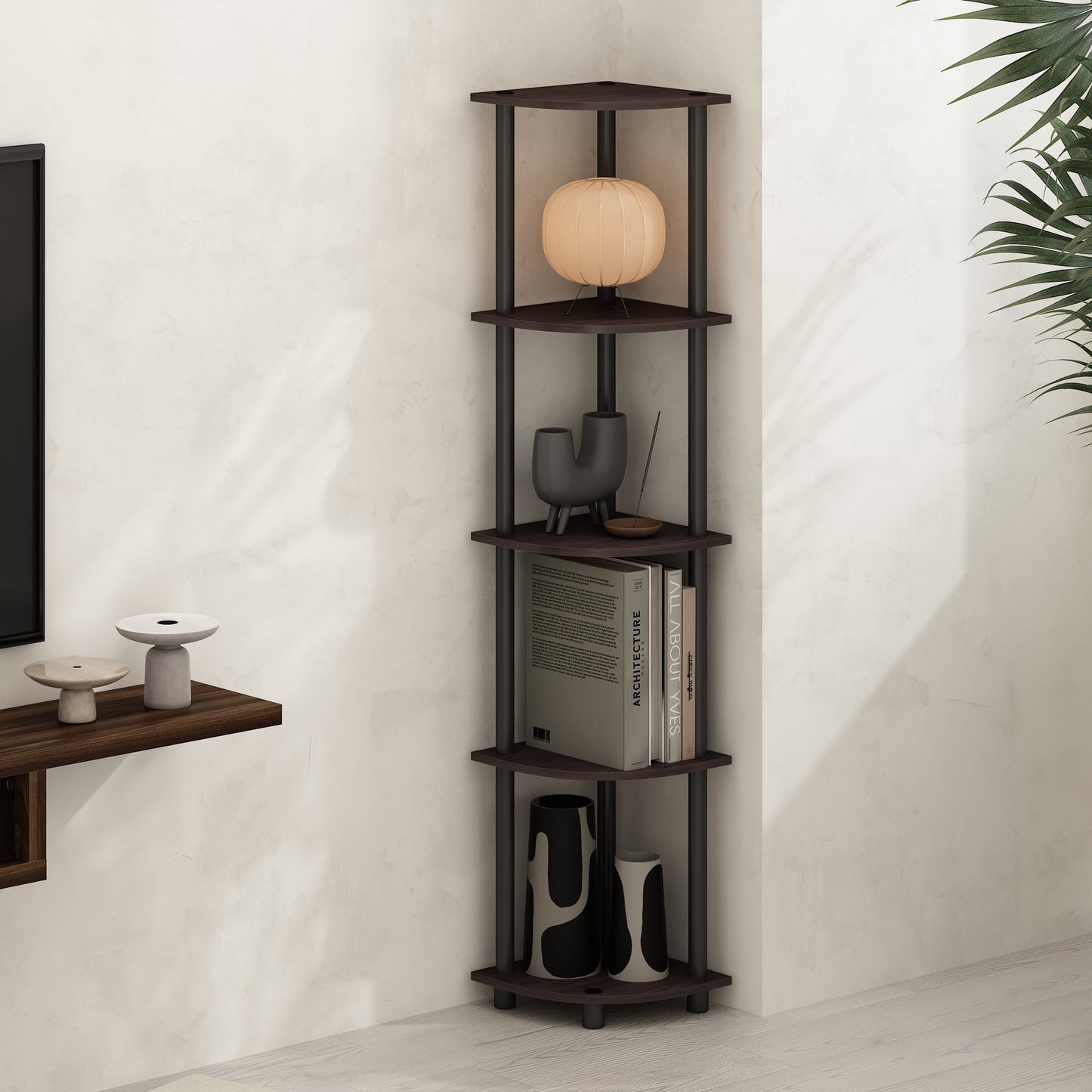 Furinno Turn-N-Tube 5 Tier Multipurpose Corner Display Rack Shelving Unit, Dark Walnut