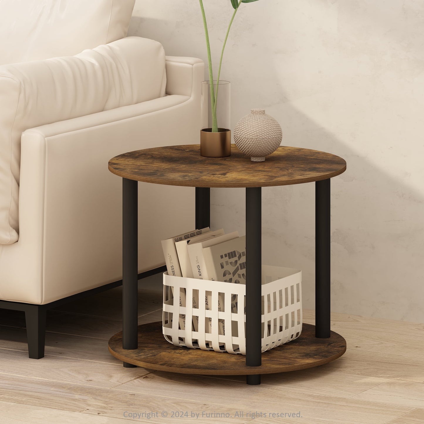 Furinno Turn-N-Tube Simple Design 2-Tier Round Wooden Side End Table, Amber Pine