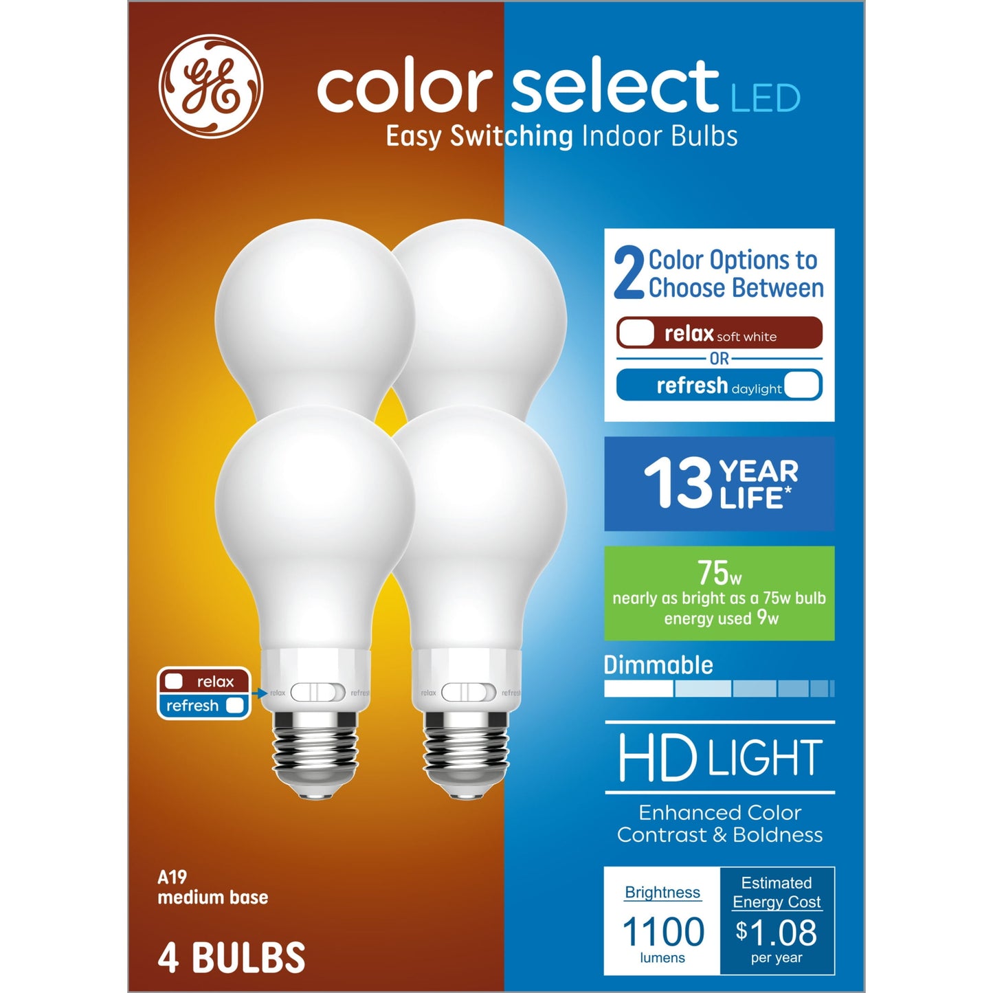 GE Color Select LED Light Bulbs, 75 Watt, A19 Bulbs, Medium Base, 4pk