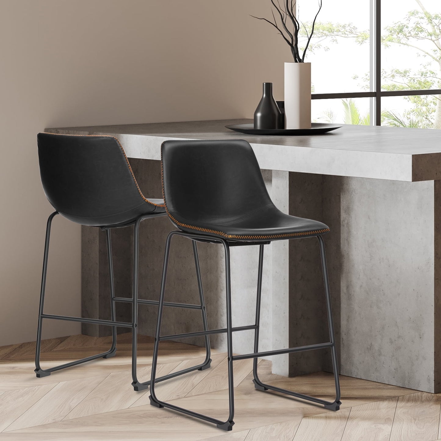 GIANNA Faux Leather Counter Height Bar Stools Set of 2, With Back and Metal Leg, 26 inch Height, for Home Kitchen Office, Black