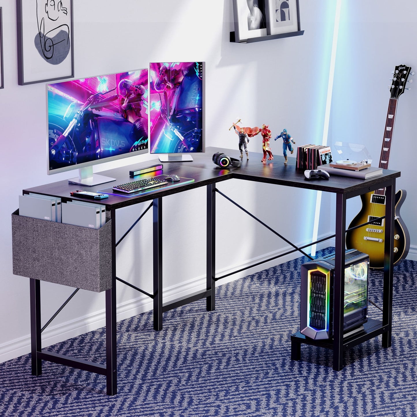 EDX L Shaped Gaming Desk with Wooden Desktop CPU Stand Side Bag Reversible for Home Office Small Space, Grey