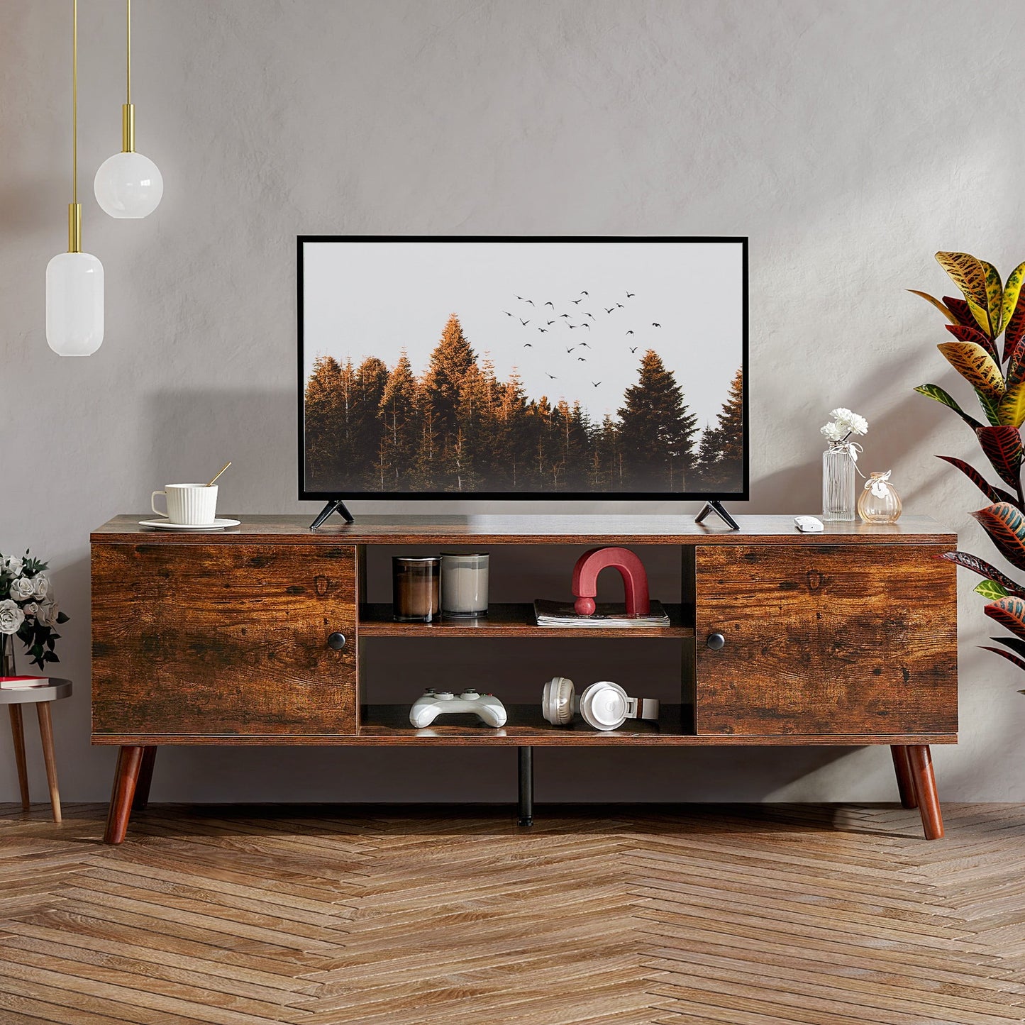 GIANNA Mid-Century Modern Wooden TV Stand for 55-60†TVs, 2 Storage Cabinets, Adjustable Shelf, Cable Management, Sturdy Legs, Easy Assembly, Rust Brown